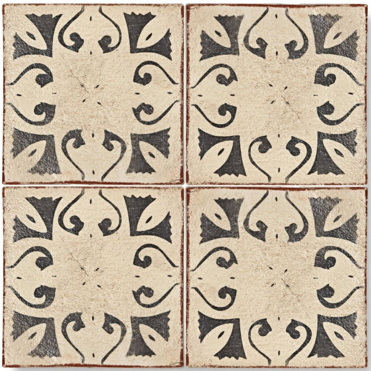 
Four square beige terracotta tiles with black ornate hammam patterns and rustic edges from marrakech collection