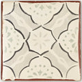 Cream-colored ceramic terracotta tile with black and muted green geometric pattern and rustic reddish-brown border