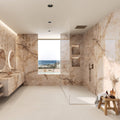 Marvel Diva Amethyst Polished beige marble-effect tiles on a glass-enclosed shower wall