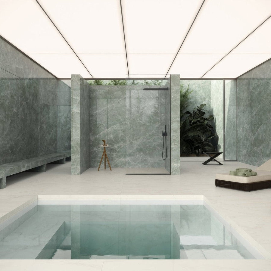Marvel Diva Aqua Polished green marble-effect tiles in a minimalist shower with black fixtures