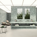 Marvel Diva Aqua Polished green marble-effect tiles with a vanity and integrated sinks