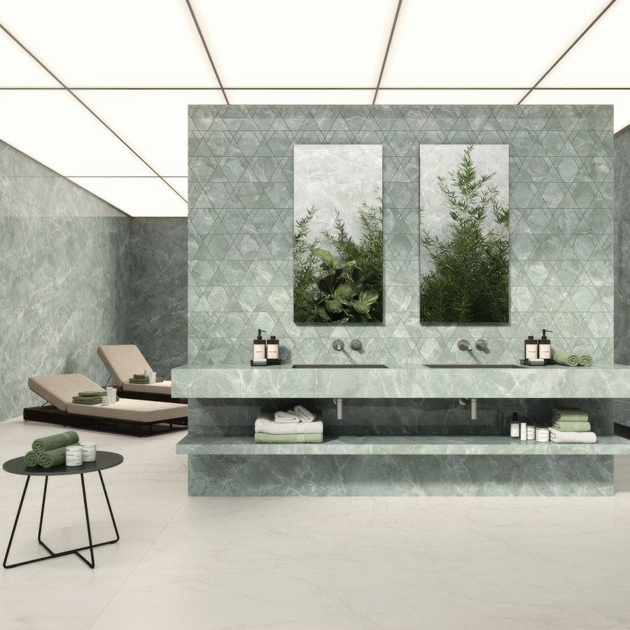 Marvel Diva Aqua Polished green marble-effect tiles with a vanity and integrated sinks