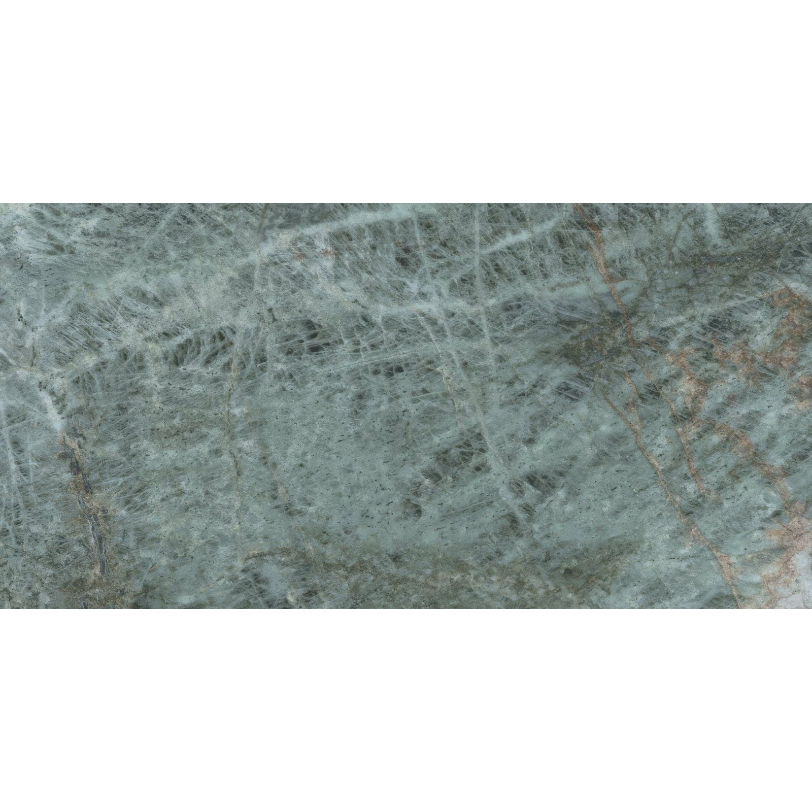 A polished marvel diva galaxy marble slab in light teal green with subtle gray and faint reddish brown veining