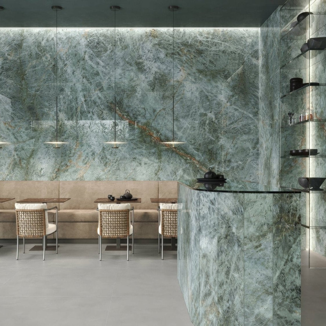Marvel Diva Galaxy Polished green marble-effect feature wall with swirling veining