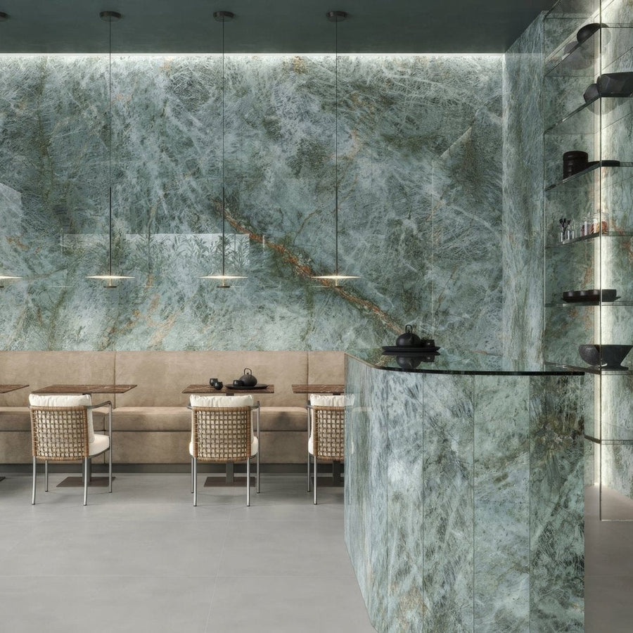 Marvel Diva Galaxy Polished green marble-effect feature wall with swirling veining