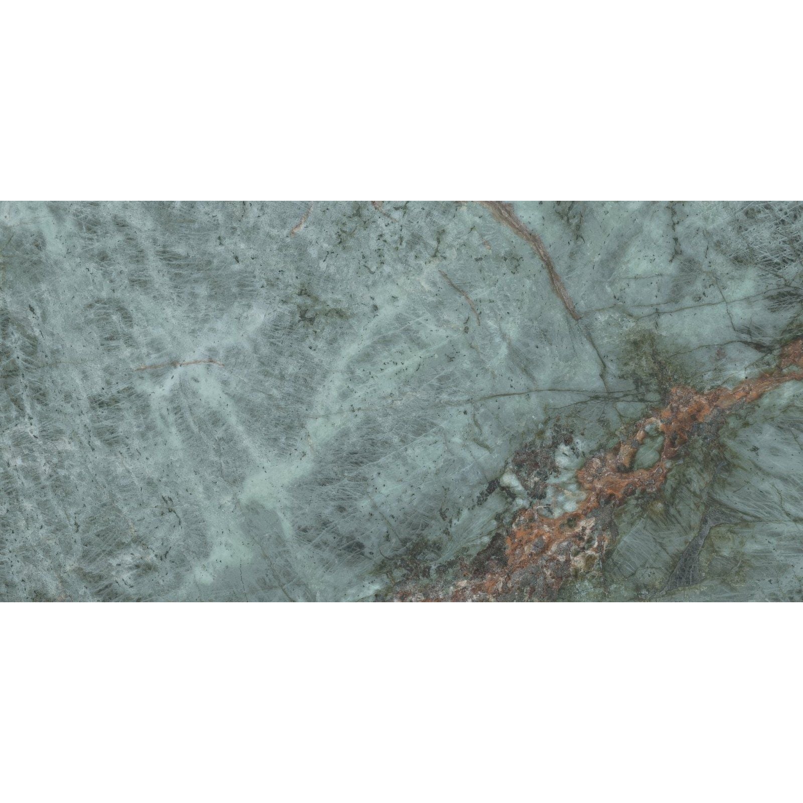 A polished Marvel Diva Galaxy slab of green marble with striking reddish brown veining for elegant surfaces