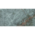 A polished Marvel Diva Galaxy slab of green marble with striking reddish brown veining for elegant surfaces