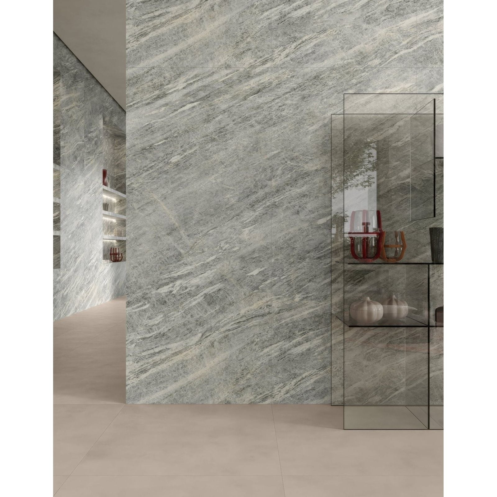 Gray marble effect wall tiles marvel diva sky stone velvet with subtle white veining for elegant interiors
