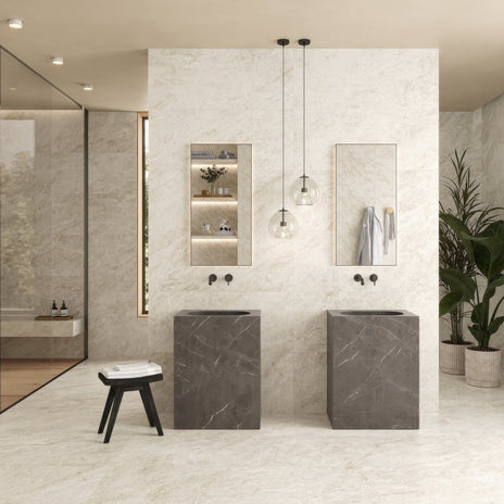 Marvel Diva Taj Mahal Polished & Matt cream marble-effect tiles with two pedestal sinks
