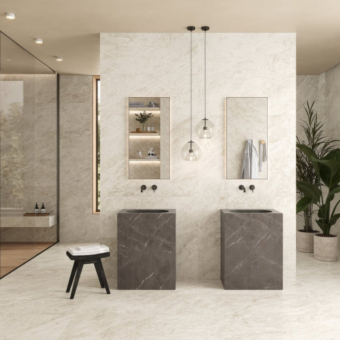 Two sleek dark gray marble pedestal sinks with modern minimalist design from marvel diva taj mahal polished and matt collection