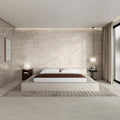 Marvel Diva White Everest 60x120 cream marble-effect tiles with a low-profile bed