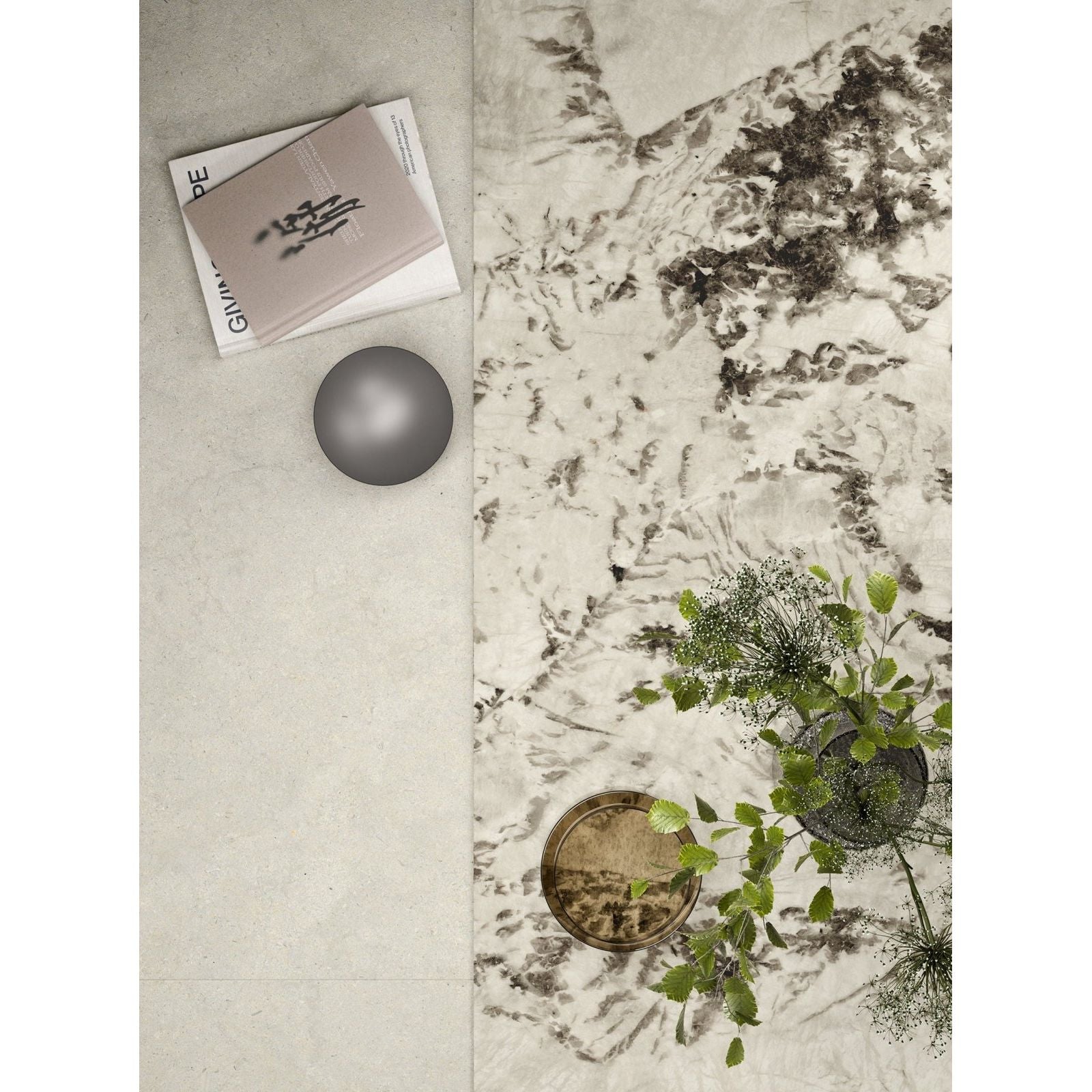 Marvel Epic Alpin white and grey marble-effect porcelain tile with a grey spherical lamp