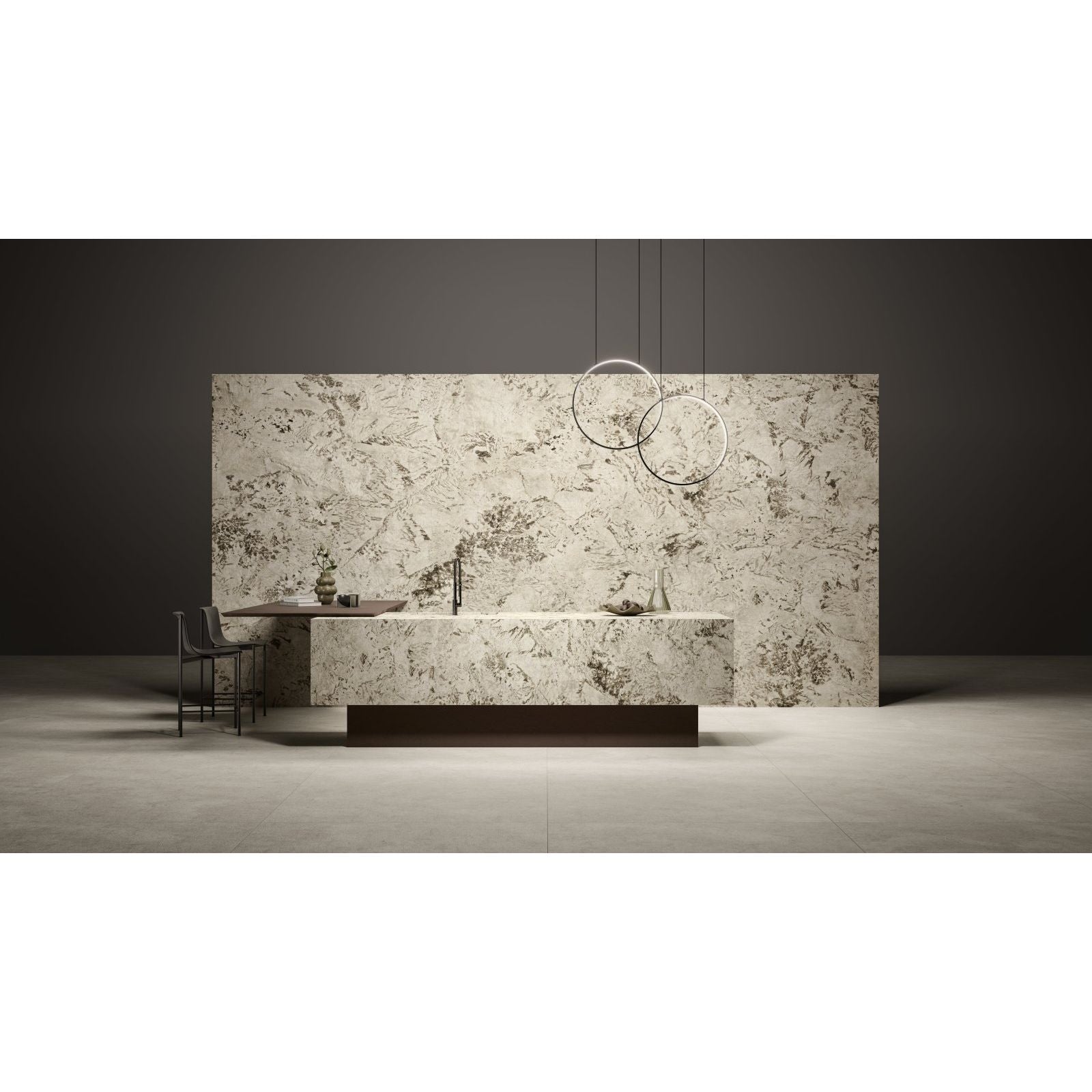 Marvel Epic Alpin white and grey marble-effect porcelain tile with a kitchen island and dark wood base