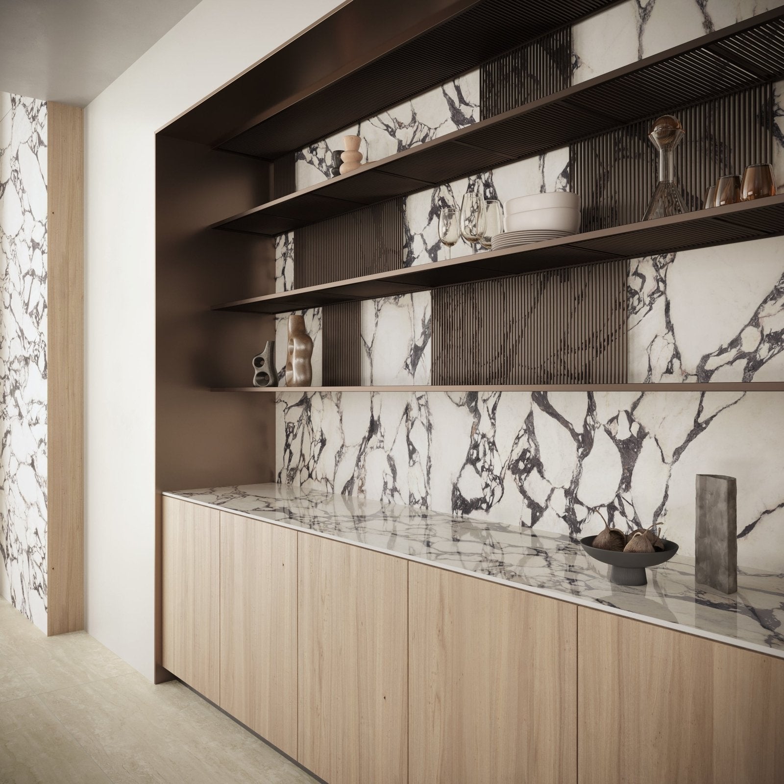 Marvel Epic Calacatta Viola marble-effect tile as a backsplash
