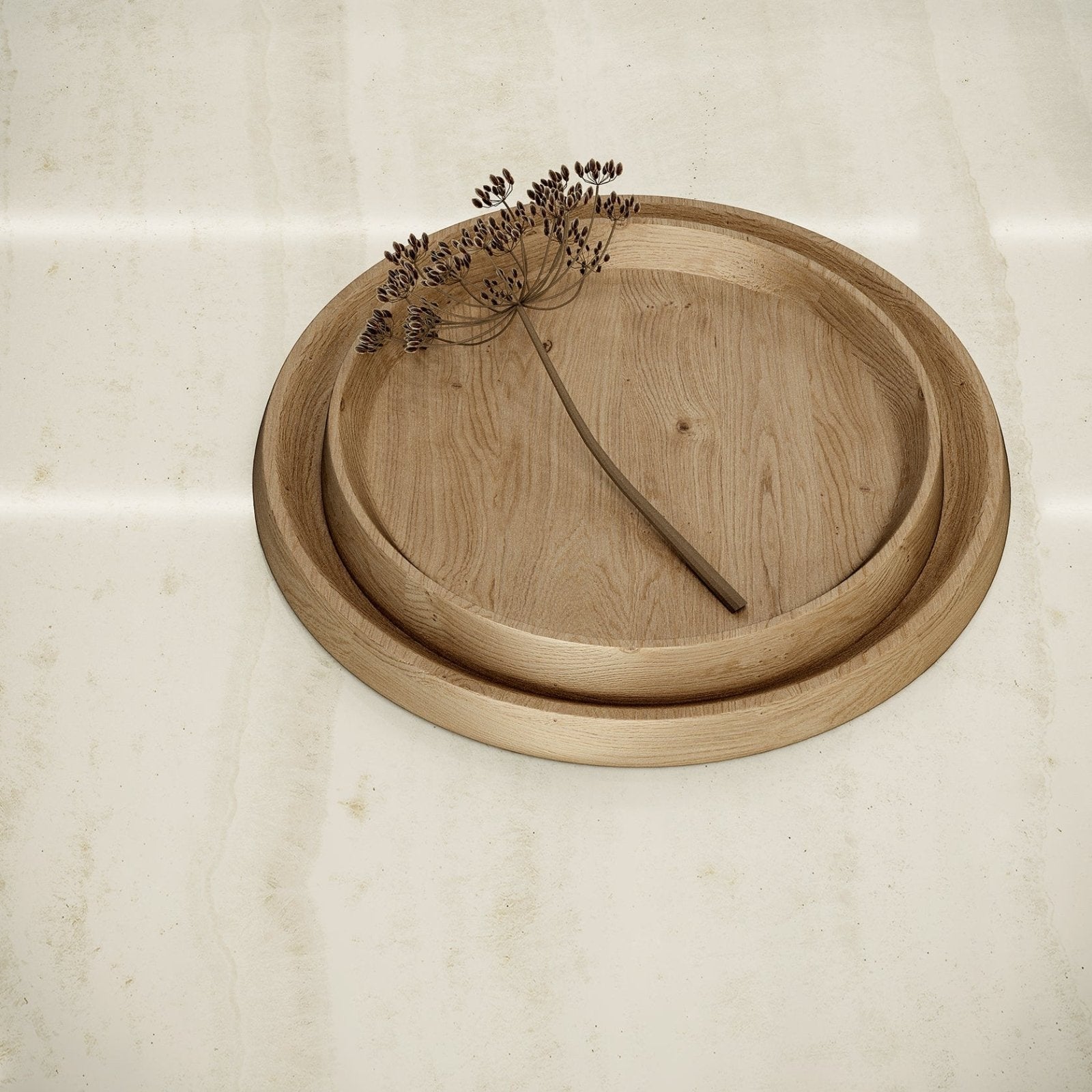 Marvel Epic Onyx Ivory ivory marble-effect tile with two round oak trays