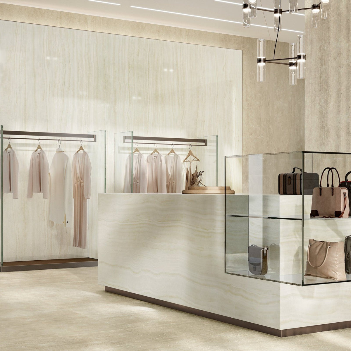 Marvel Epic Onyx Ivory ivory marble-effect tiles in a styled setting