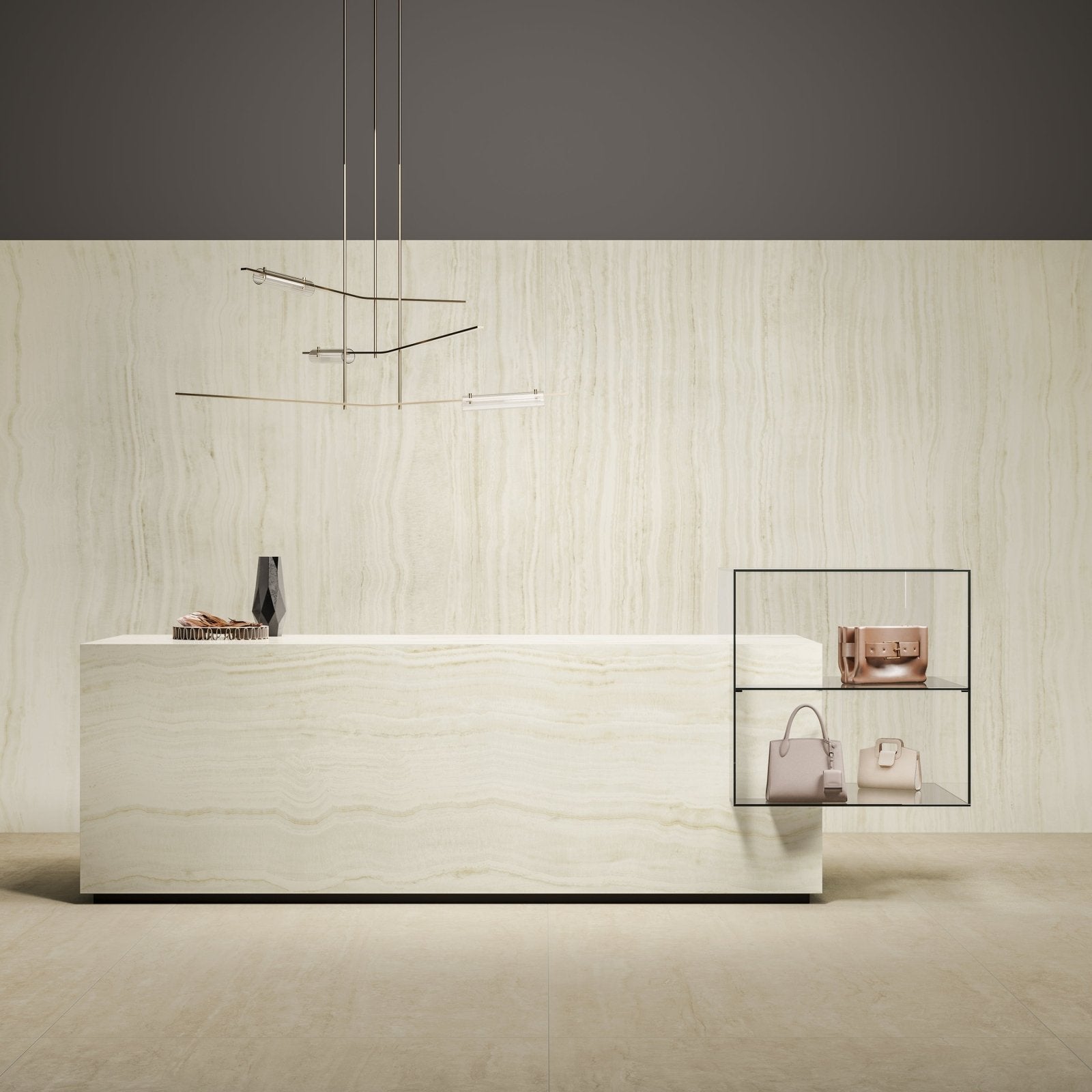 Marvel Epic Onyx Ivory ivory marble-effect reception desk with glass shelves