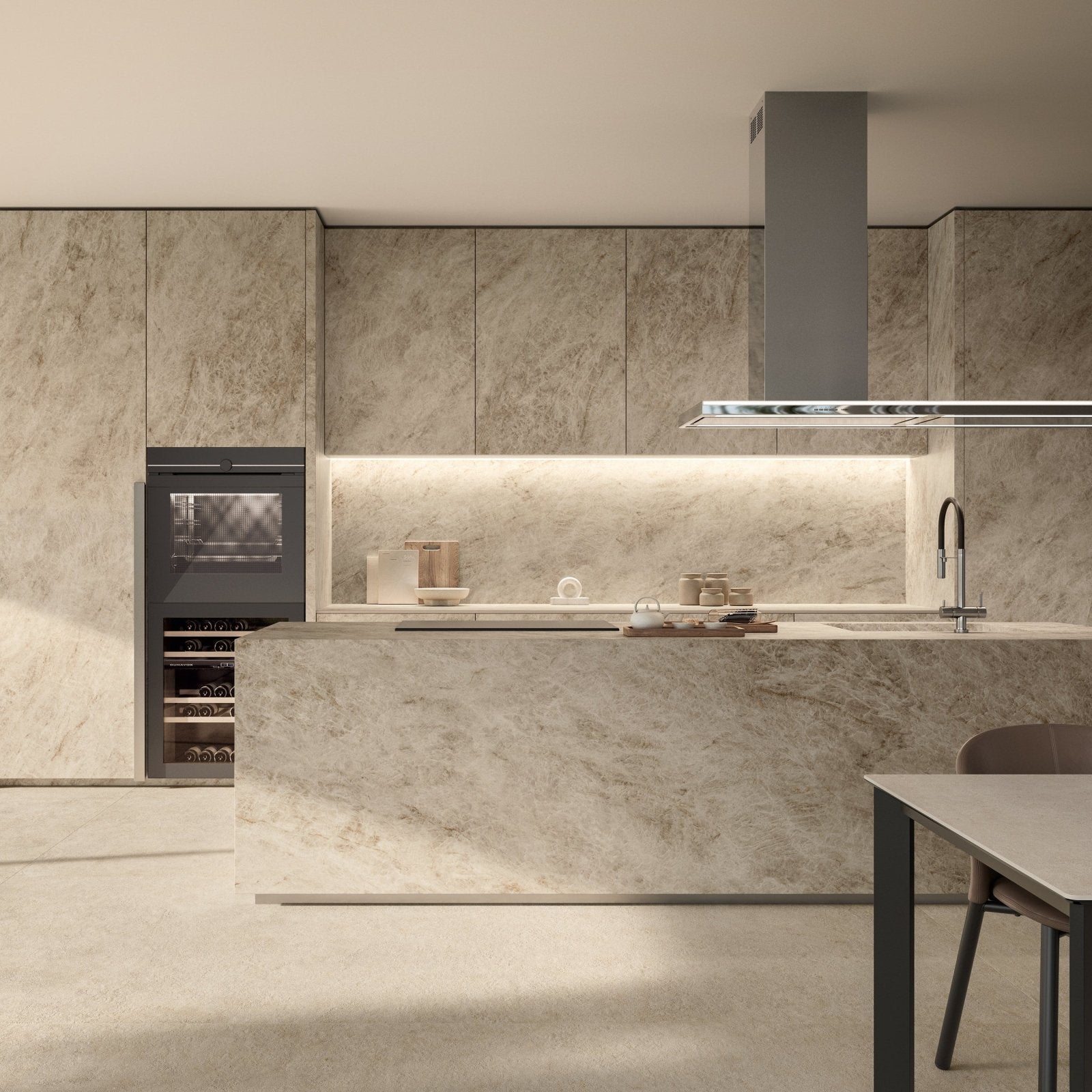 Marvel Epic Taj Mahal Noisette beige marble-effect tile in a kitchen