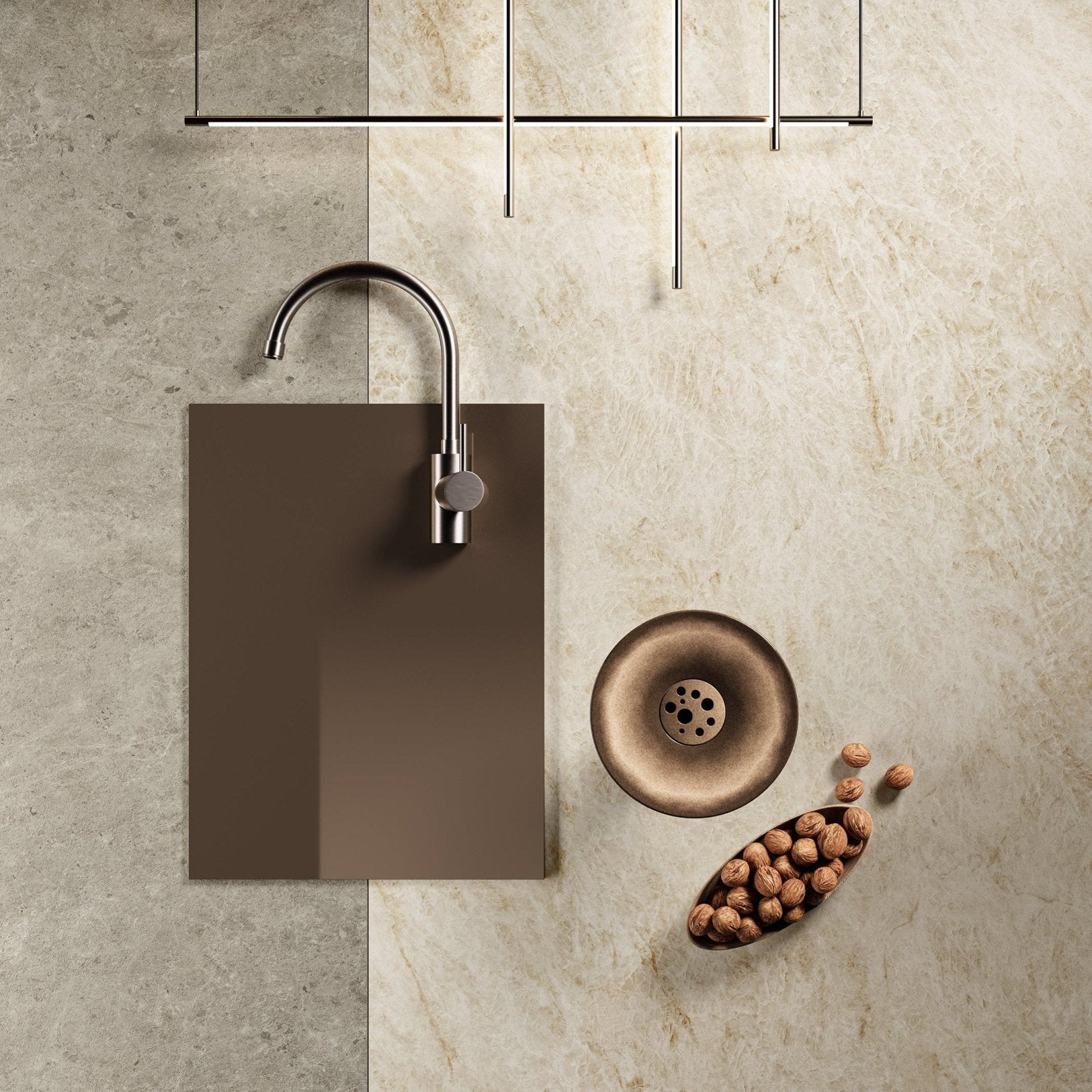Marvel Epic Taj Mahal White cream marble-effect tile with a brown rectangular sink and chrome tap