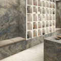 Marvel Epic Zephyr marble-effect tile in a styled setting