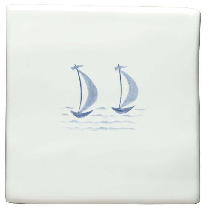 Mary & Gail of St Ives Delft Boats white ceramic tile hand-painted with blue sailboats on waves
