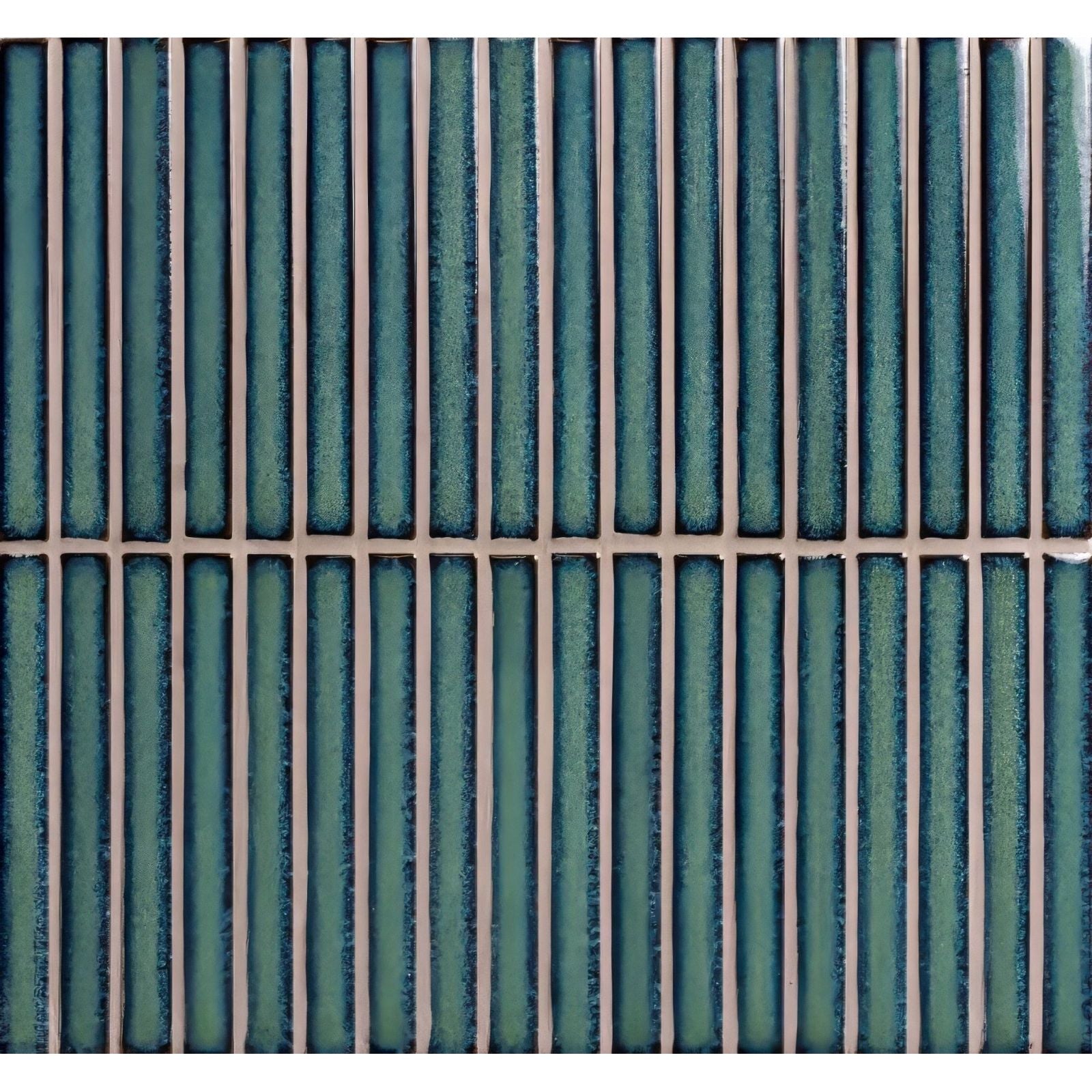 Teal-green ceramic mosaic tile named matchstick forest with vertical rectangular strips and light grout lines