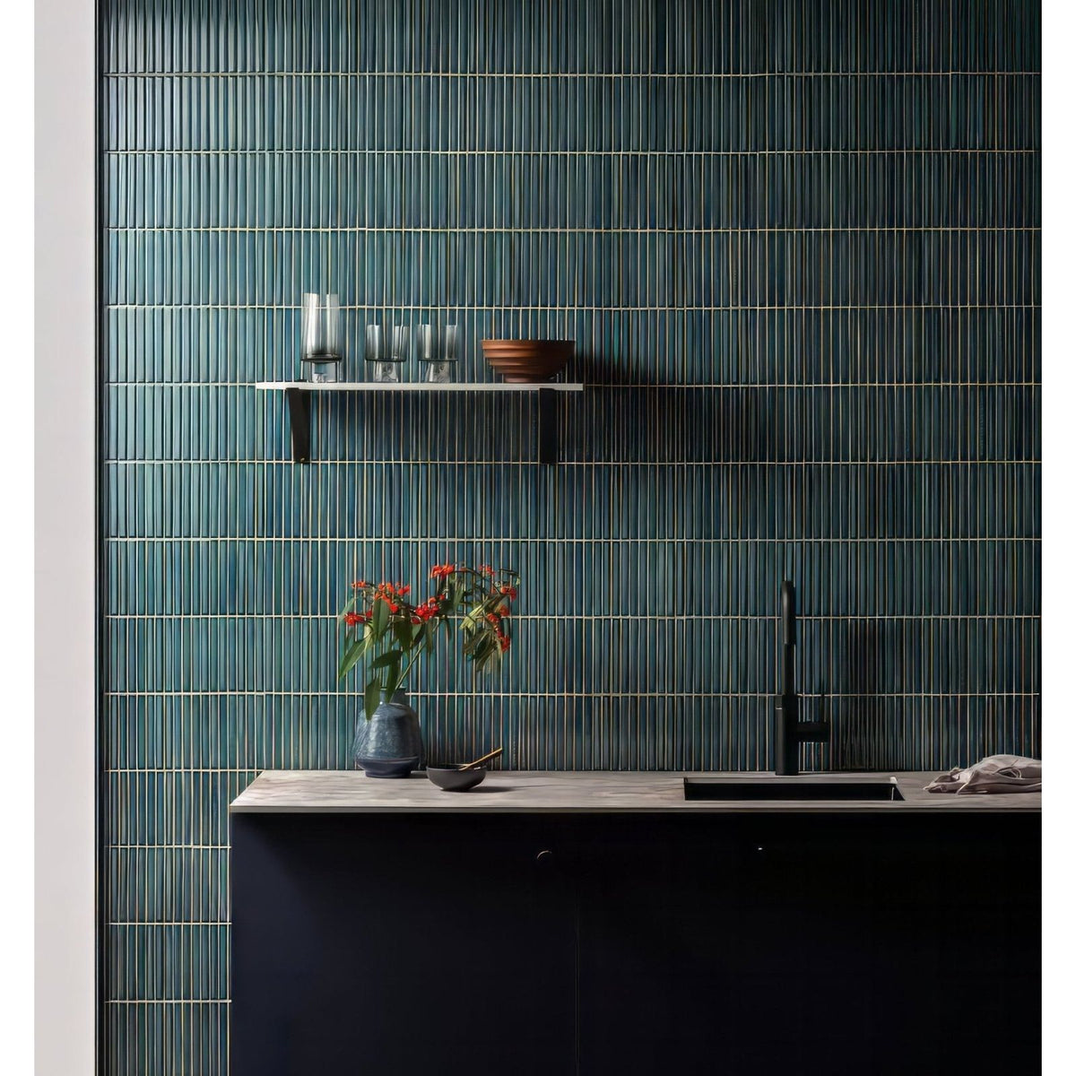 Teal-blue vertical-striped ceramic tiles with subtle metallic grout lines from matchstick forest collection