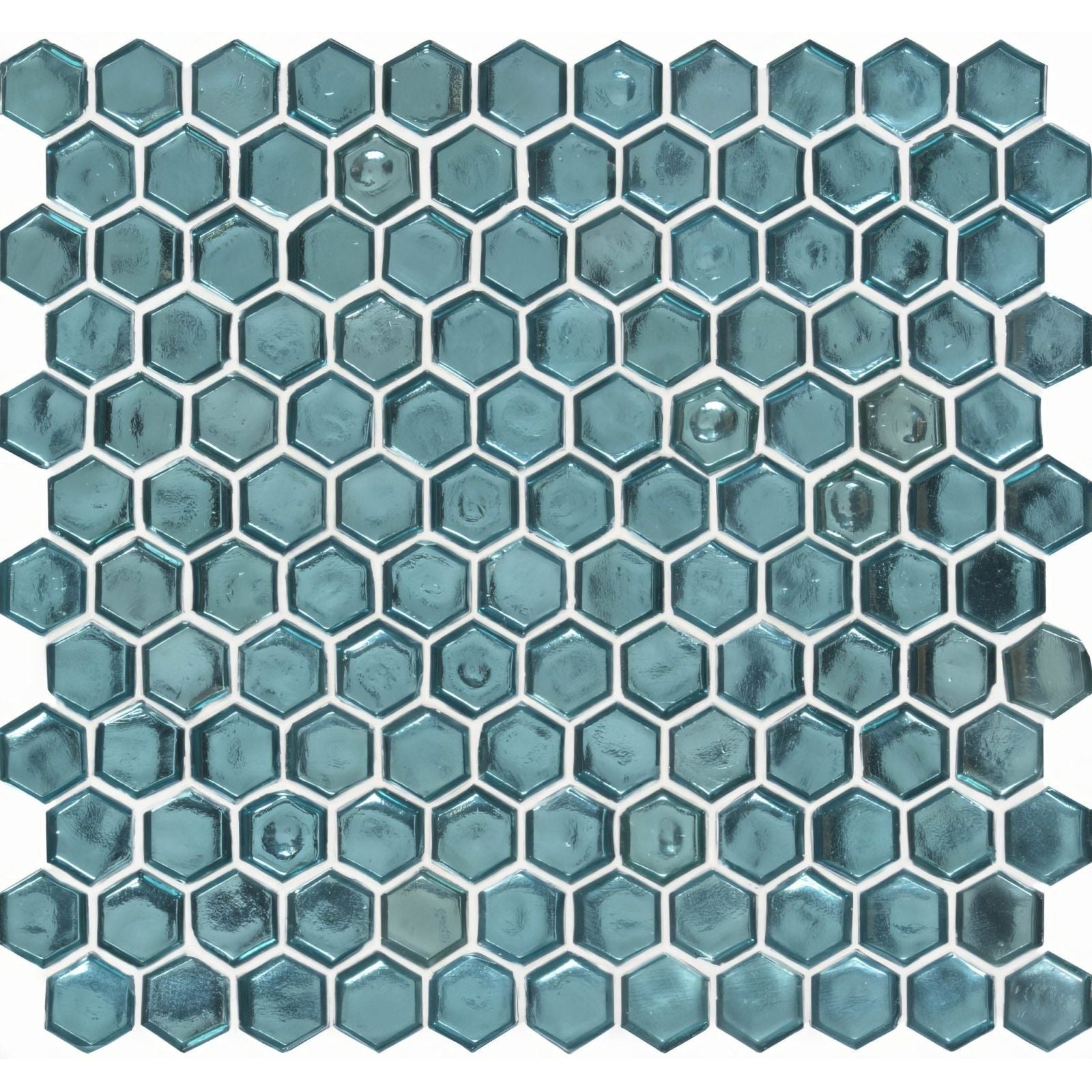 Teal hexagonal glass mosaic tile medak glass mosaic with a glossy slightly textured surface and subtle shade variations