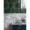 Dark green glossy ceramic rectangular tiles on upper wall section for medici viola marble honed brick design