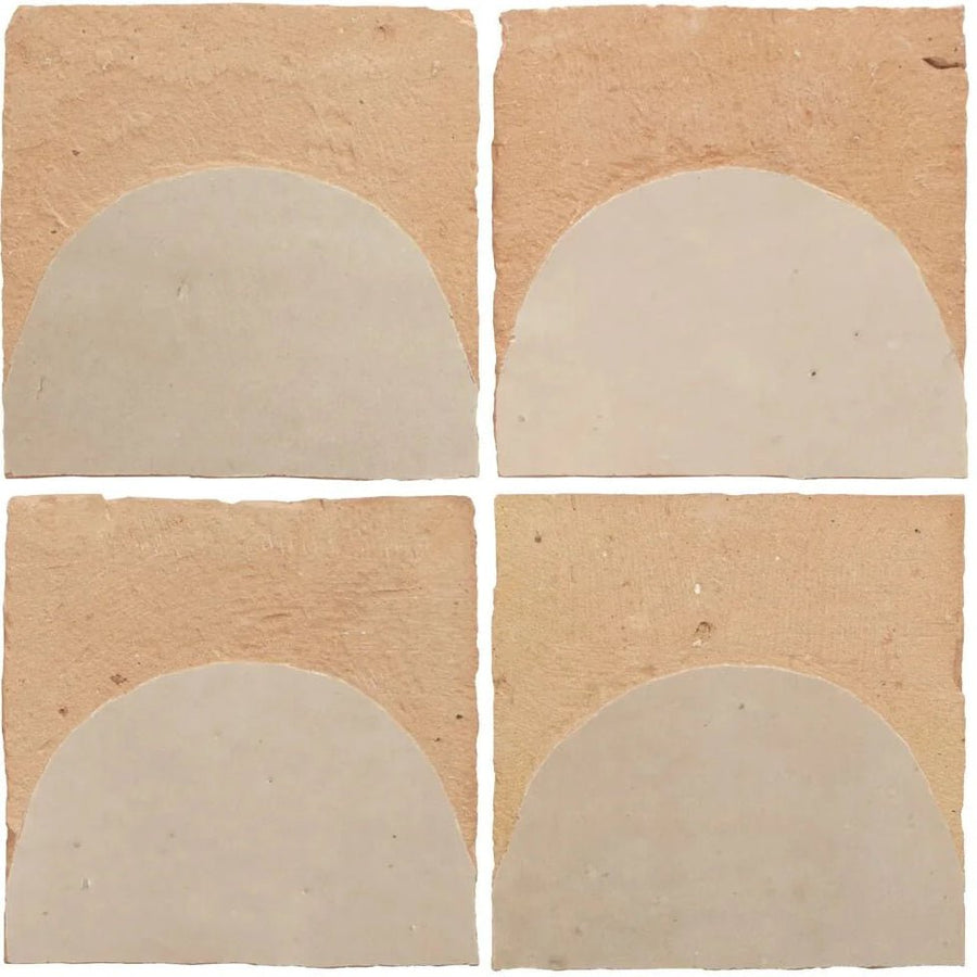 Four square terracotta medina cloudy white belen handmade moroccan zellige tiles with off-white semicircular designs