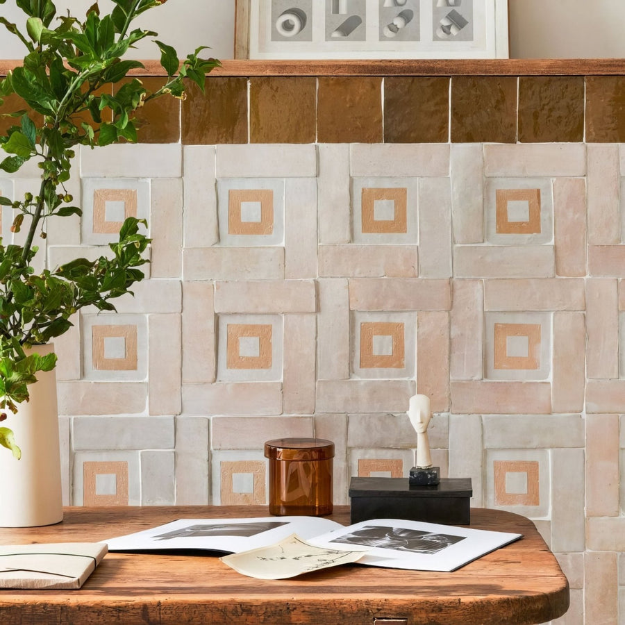 Beige and terracotta square-patterned ceramic tile wall of medina cloudy white porton handmade moroccan zellige tile