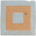 A handmade moroccan zellige square ceramic tile with a textured earthy orange center and two light blue borders