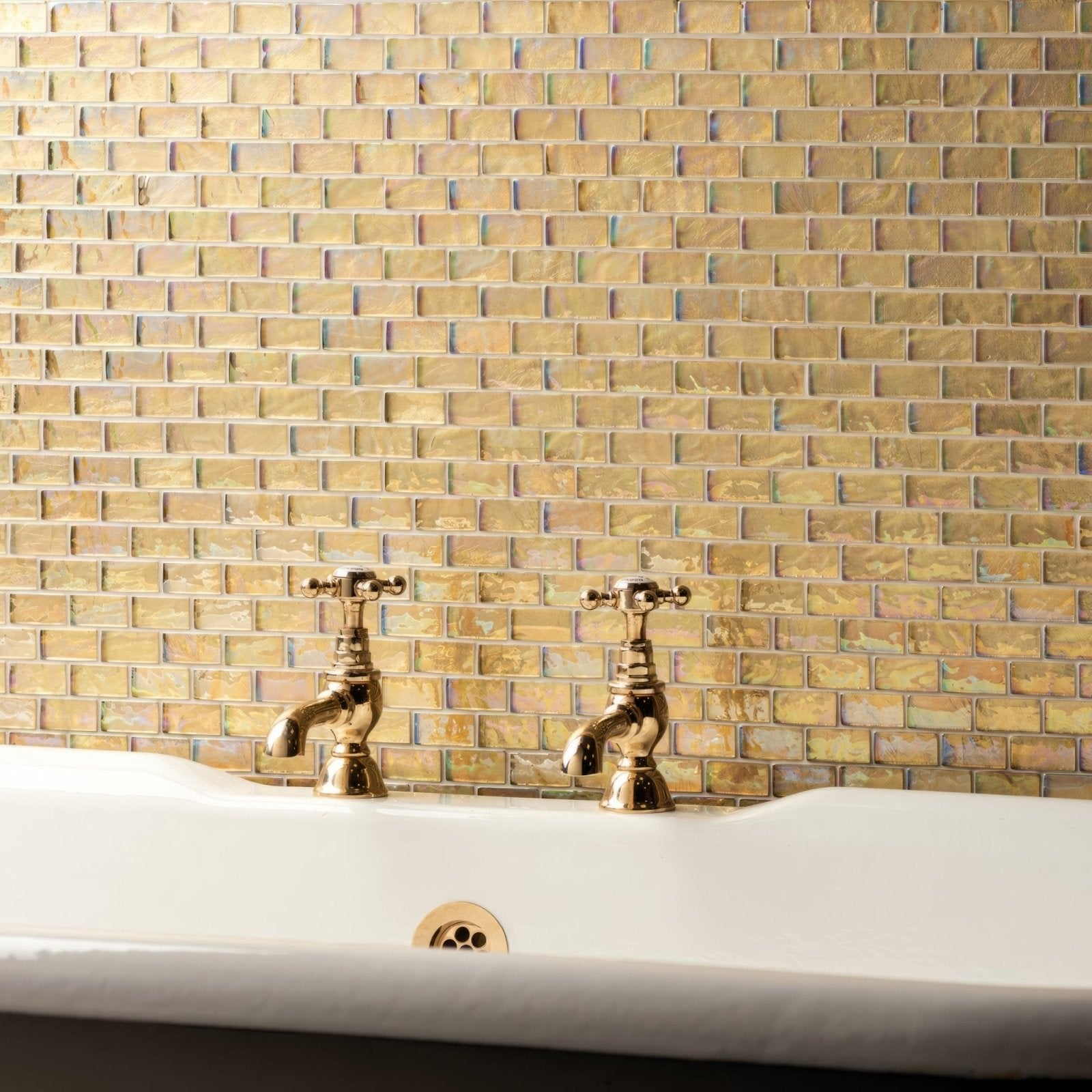 Medina gold rush glass mosaic gold-toned iridescent glass tile backsplash with subtle shimmering finish