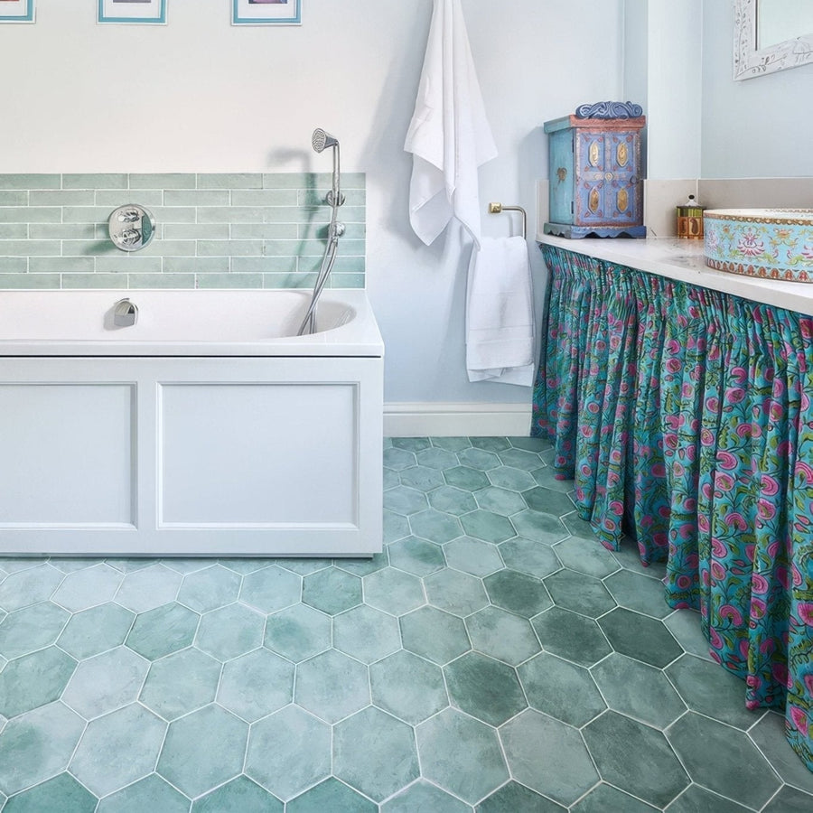 Medina hexagon porcelain salvia floor tiles featuring hexagonal teal ceramic design for durable flooring