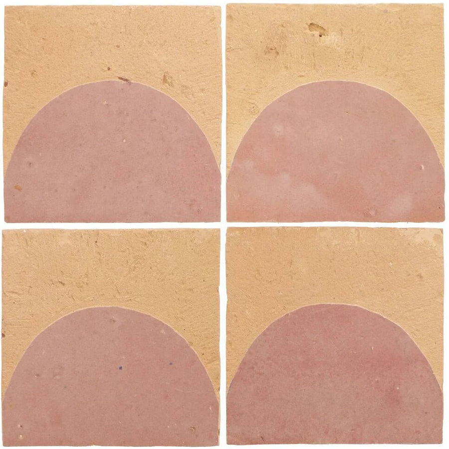 Four square terracotta medina leather pale belen handmade moroccan zellige tiles with semi circular pinkish red design
