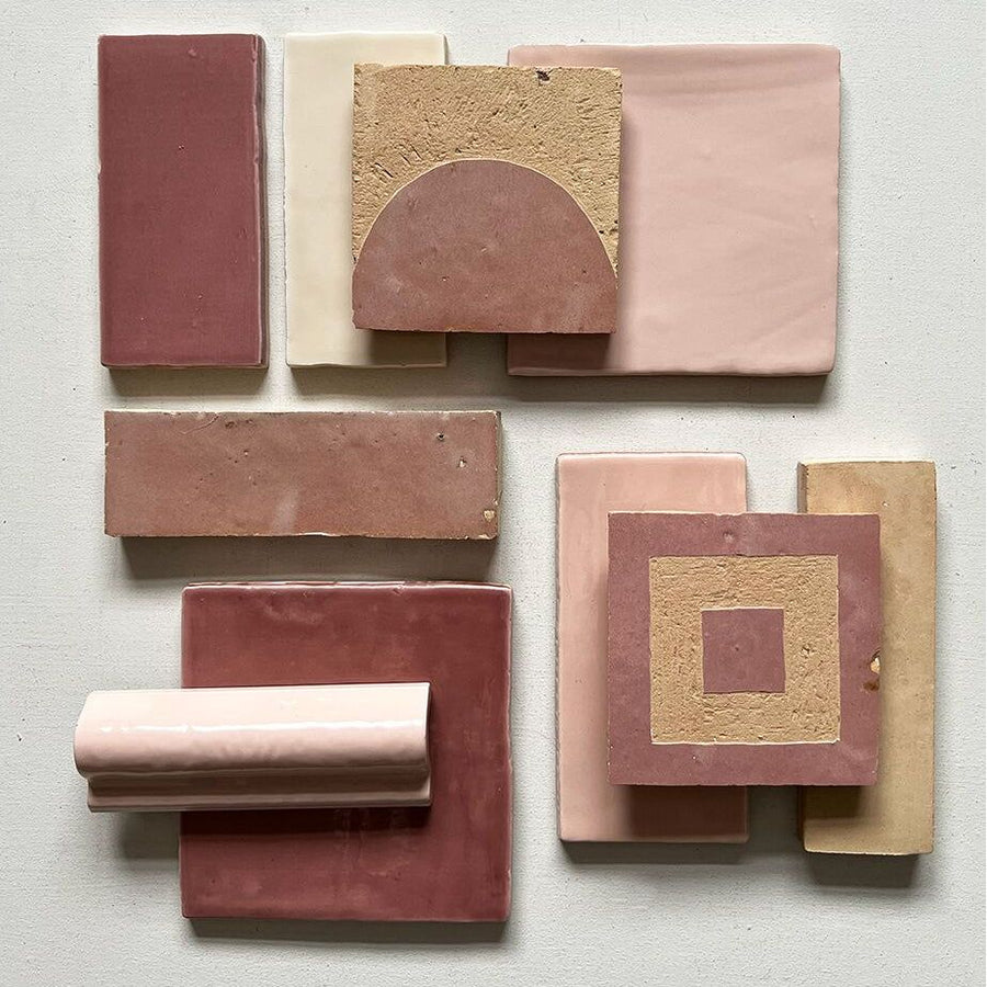 Medina leather pale square handmade moroccan zellige tile collection in terracotta blush pink and beige with varied textures