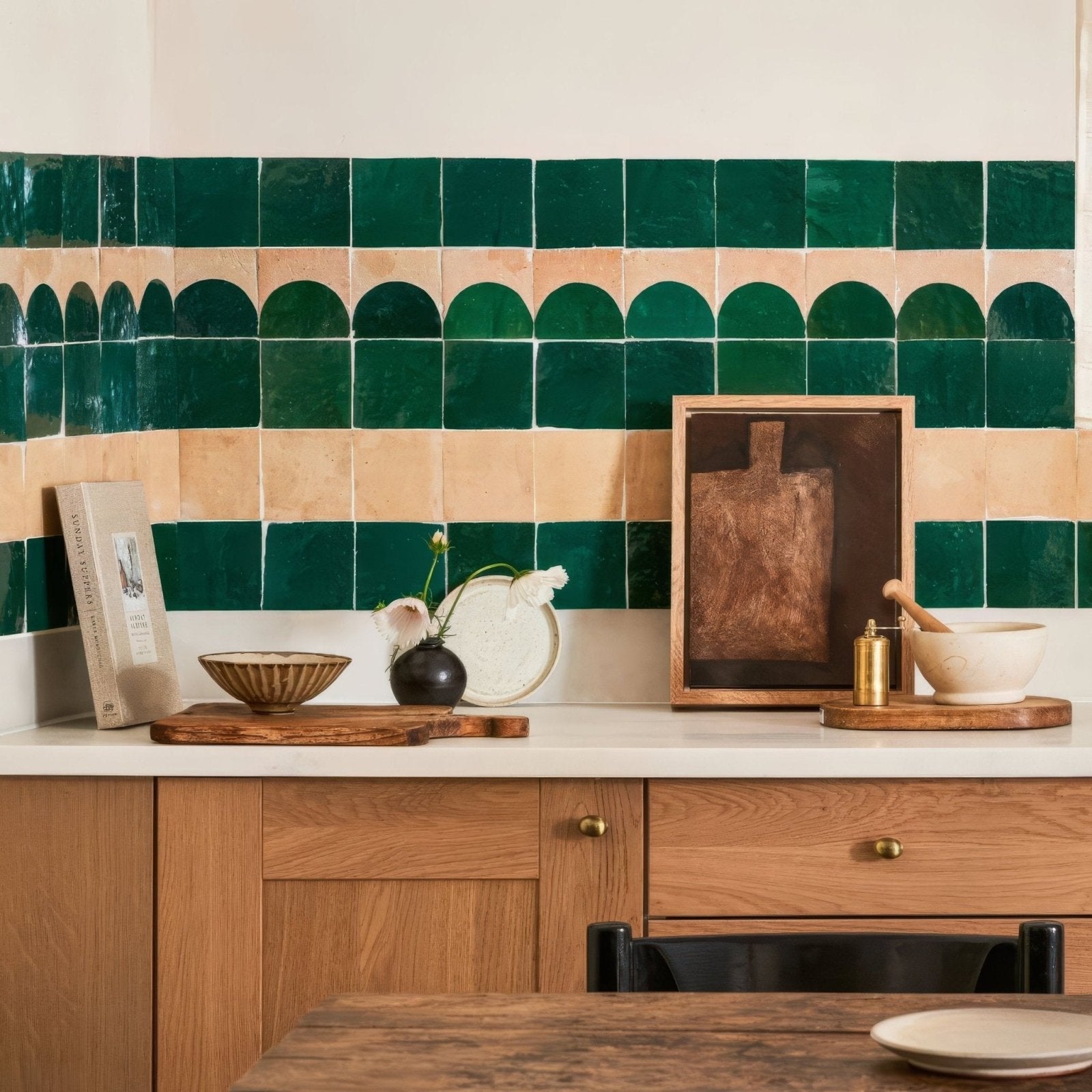 Medina Moss Green Belen handmade Moroccan zellige tile in deep green and beige ceramic with arched backsplash patterns