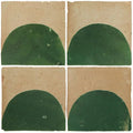 Four square ceramic medina moss green belen handmade moroccan zellige tiles with bold dark green semicircles on beige