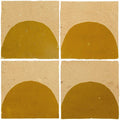 Four handmade moroccan zellige tiles in beige with mustard yellow semicircle patterns from medina ochre belen collection