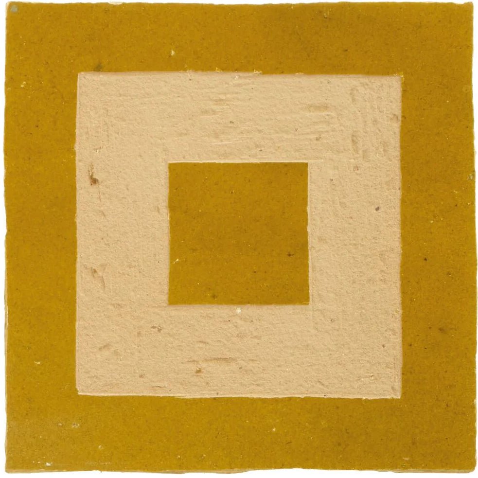 Medina ochre porton handmade moroccan zellige tile mustard yellow textured square with white concentric rectangular border
