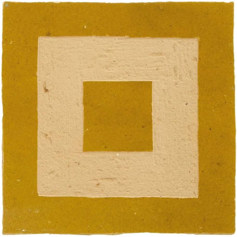 Medina ochre porton handmade moroccan zellige tile with textured mustard yellow and off-white concentric rectangular borders