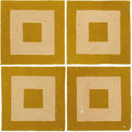 Set of four mustard yellow square handmade Moroccan zellige tiles with cream concentric rectangular borders