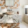 Medina Pure White Square Handmade Moroccan Zellige Tile off-white zellige tile with a beige ceramic vessel sink