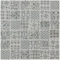 Medine patterned mosaic gray mosaic tile with vintage inspired patterns in varying shades of gray on light background