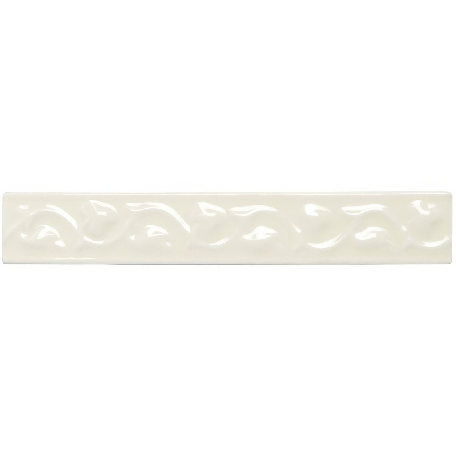 Melford beaulieu cream-colored ceramic tile with glossy finish and raised swirling decorative pattern