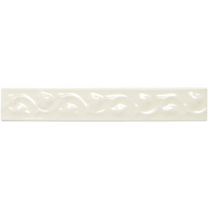 Melford beaulieu cream-colored ceramic tile with glossy finish and raised swirling decorative pattern