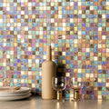 Mellow Therapy Glass Mosaic iridescent glass mosaic with a beige ceramic bottle