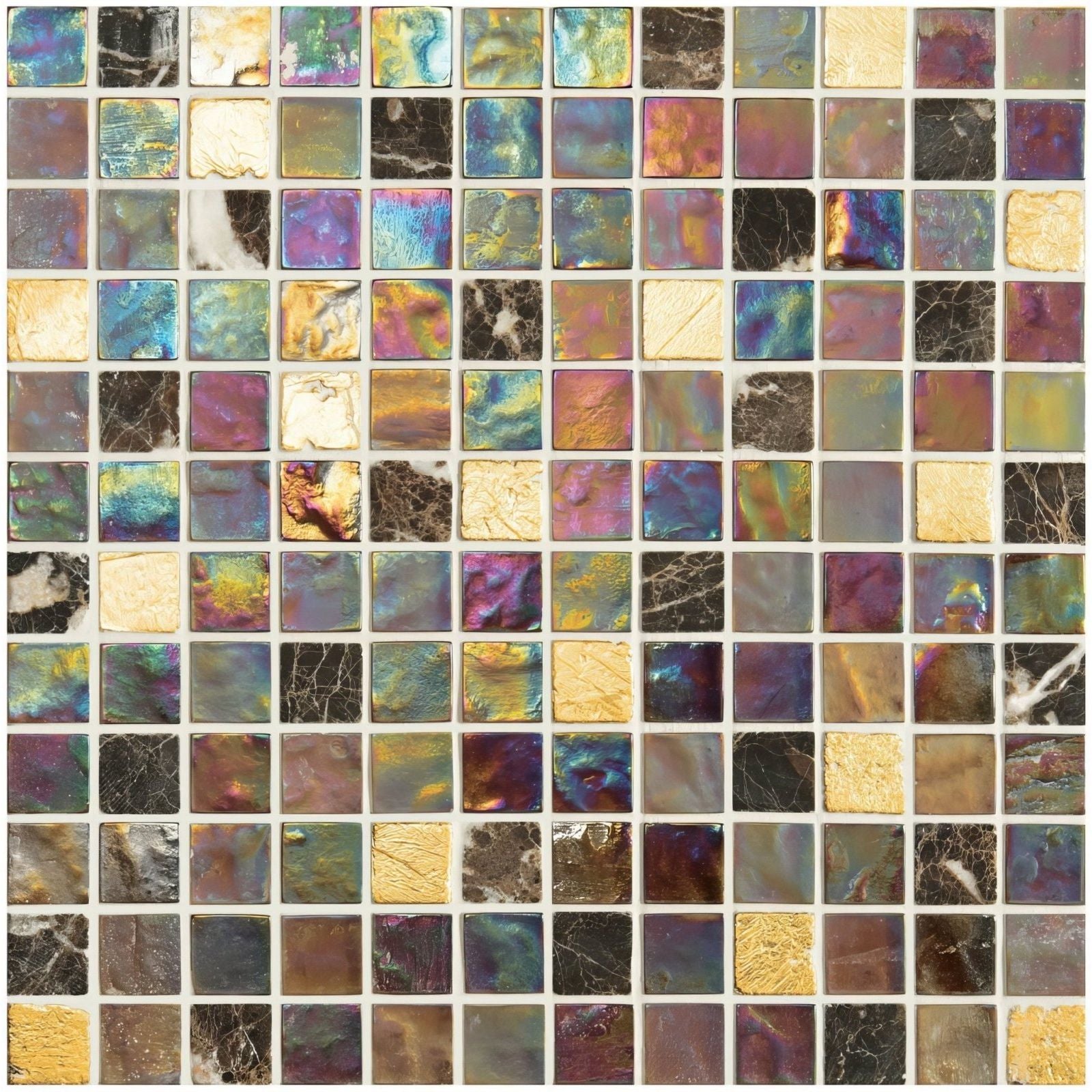 Mellow therapy glass mosaic panel featuring iridescent metallic and marble-like tiles in blues purples golds and blacks