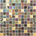 Mellow therapy glass mosaic panel featuring iridescent metallic and marble-like tiles in blues purples golds and blacks