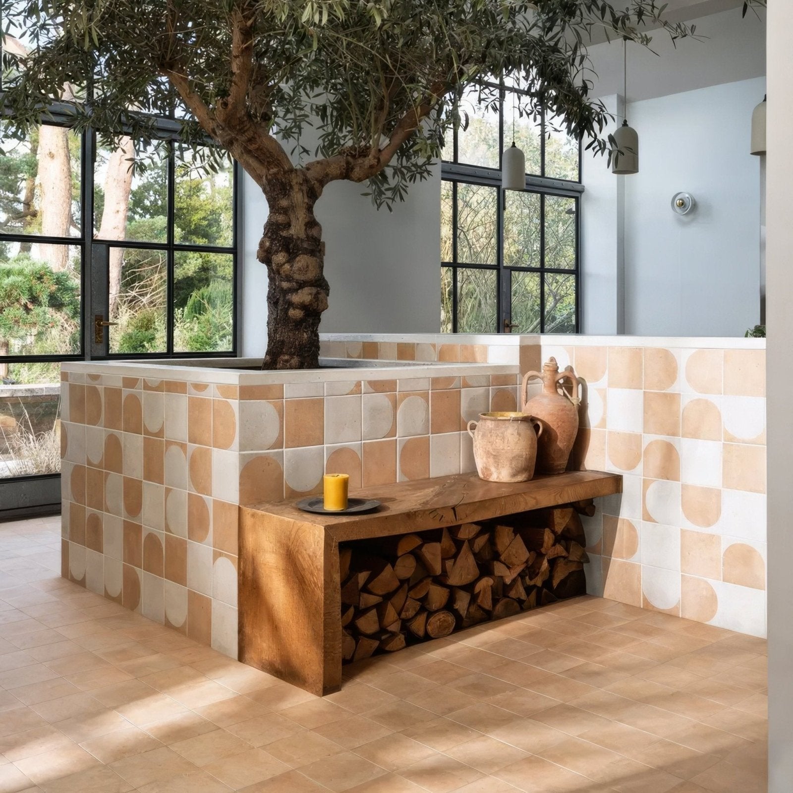 Menara cotto arches porcelain rustic wooden bench with natural finish stacked firewood and terracotta jugs on top